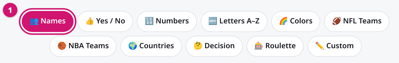 Wheel spinner preset buttons: Names (selected), Yes / No, Numbers, Letters A–Z, Colors, NFL Teams, NBA Teams, Countries, Decision, Roulette and Custom