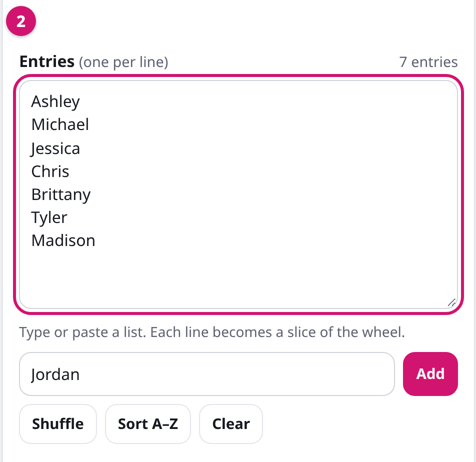 Entries box of the name wheel spinner with one name per line and the Add box for adding another name