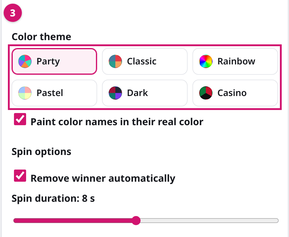 Spinner wheel options: color themes Party, Classic, Rainbow, Pastel, Dark and Casino, remove winner automatically, and spin duration slider