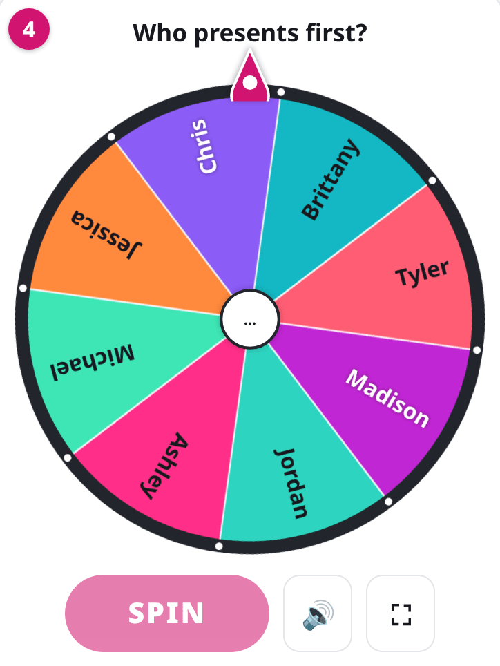 Random wheel spinner mid-spin with the names on the wheel and the Spin button disabled until it stops