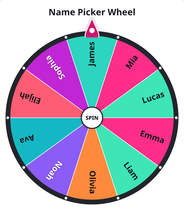 Name wheel spinner showing a wheel spinner with names: Ashley, Michael, Jessica, Chris, Brittany, Tyler and Madison