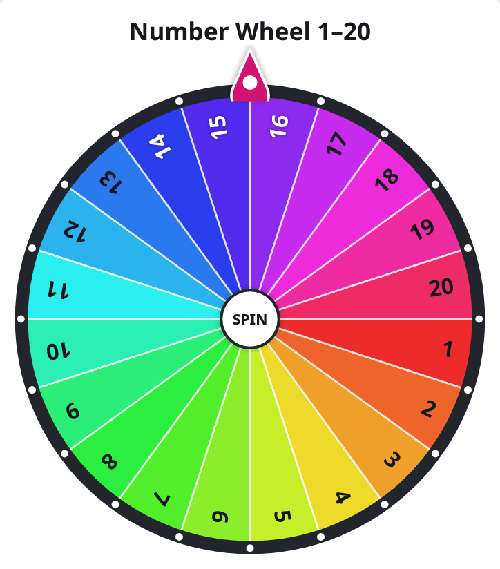Number wheel spinner showing the numbers 1 to 20 from the Numbers preset
